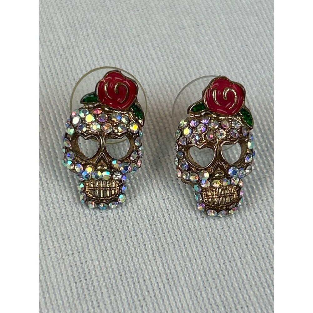 Sugar Skull Rhinestone Stud Earrings Red Rose Gold Tone Skeleton Design